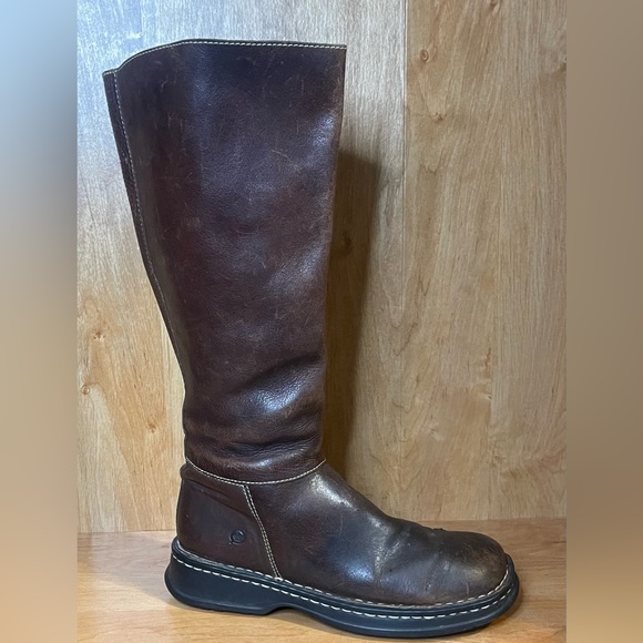 Born Shoes - Born Riding Boots Brown Leather Knee High Full Side Zip Chunky Toe Women 8